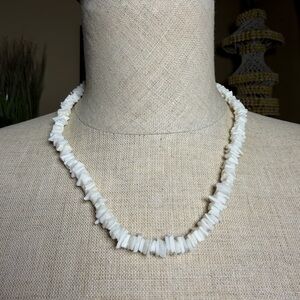 Vintage White Puka Shell Choker Necklace w/ Amber Beads & Barrel Clasp
